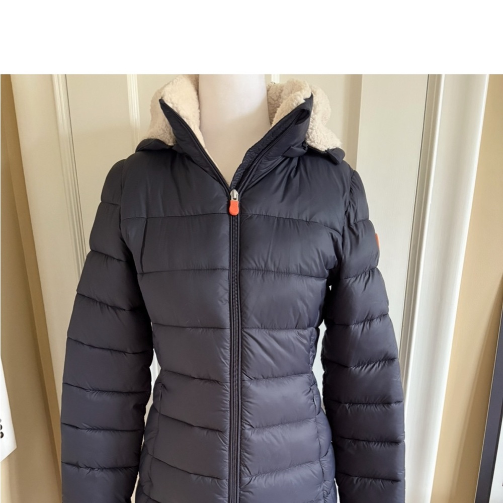 SAVE THE DUCK medium length Navy Puffer Jacket with Sherpa Lining